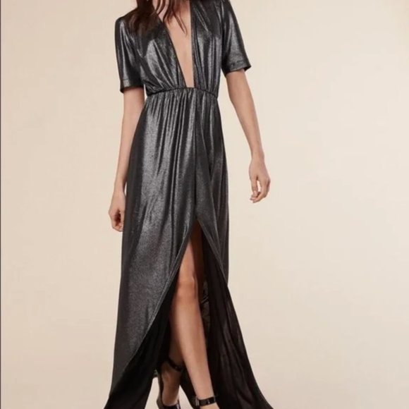 NEW REFORMATION Dark Silver Adeline Maxi Dress Deep V Metallic Midi Dress XS S - Picture 4 of 5